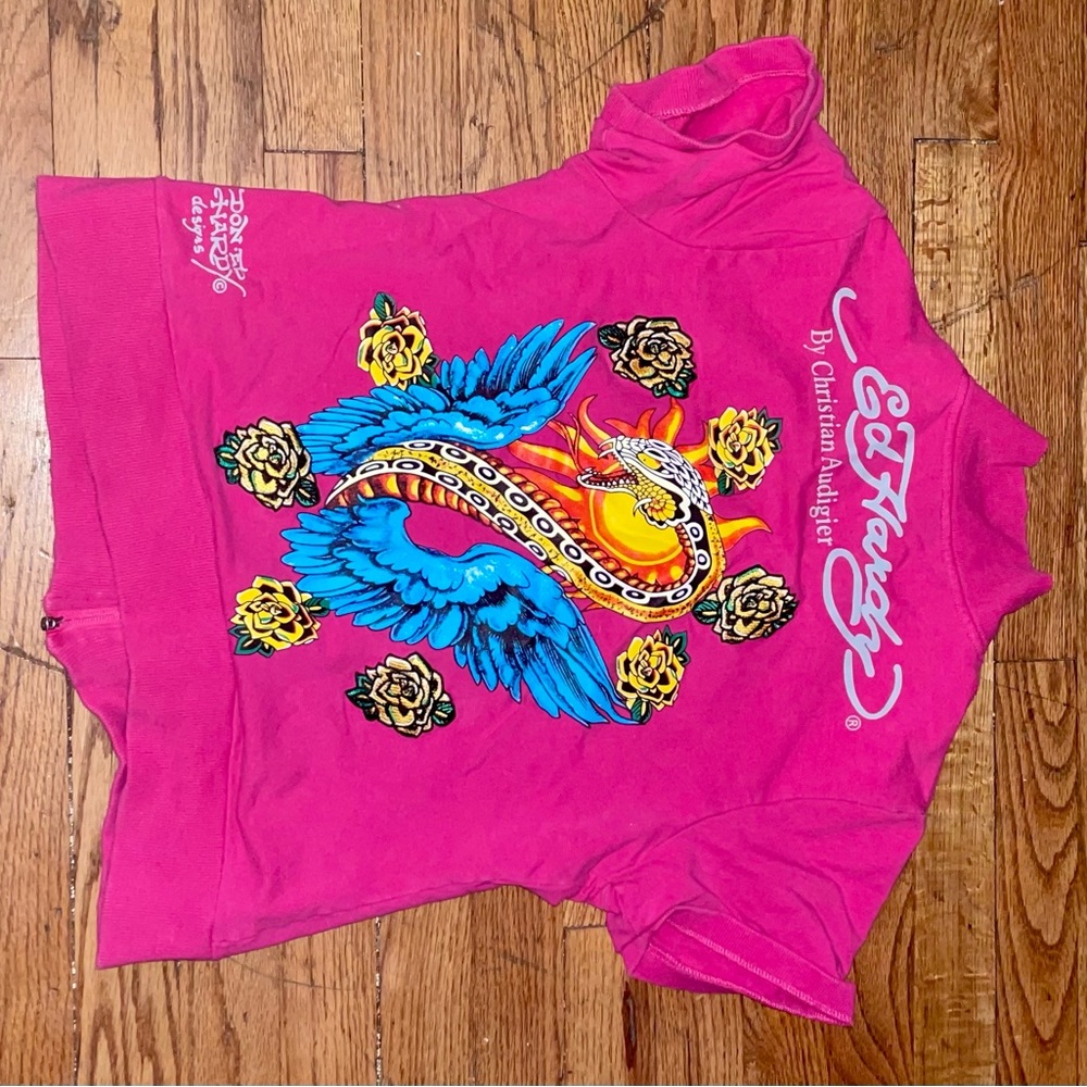 Ed Hardy Fuchsia Tee with Blue Dragon and Yellow Roses